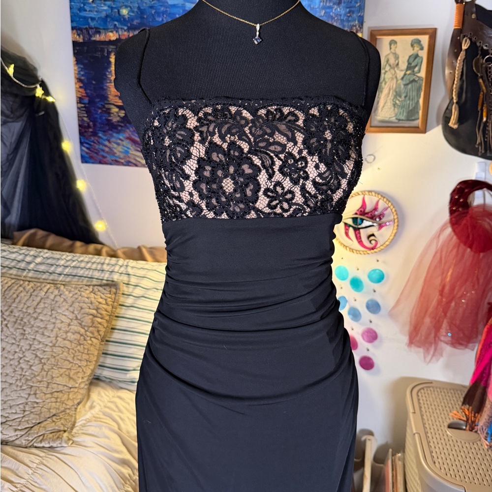 JS Boutique Black Ruched Maxi Gown Beaded Lace Bust US 8